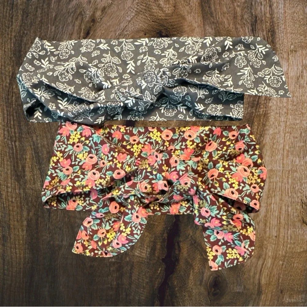 Earth Magic Grey Floral/Blue Floral Set/2 Wide Hair Tie Retro Headband Bow Wrap